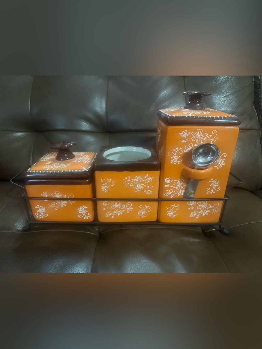 Temptations Orange Floral Ceramic Canister Set with Spoon Holder